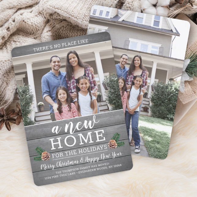 New Home Christmas Pinecones & Grey Wood 2 Photo Holiday Card (Creator Uploaded)