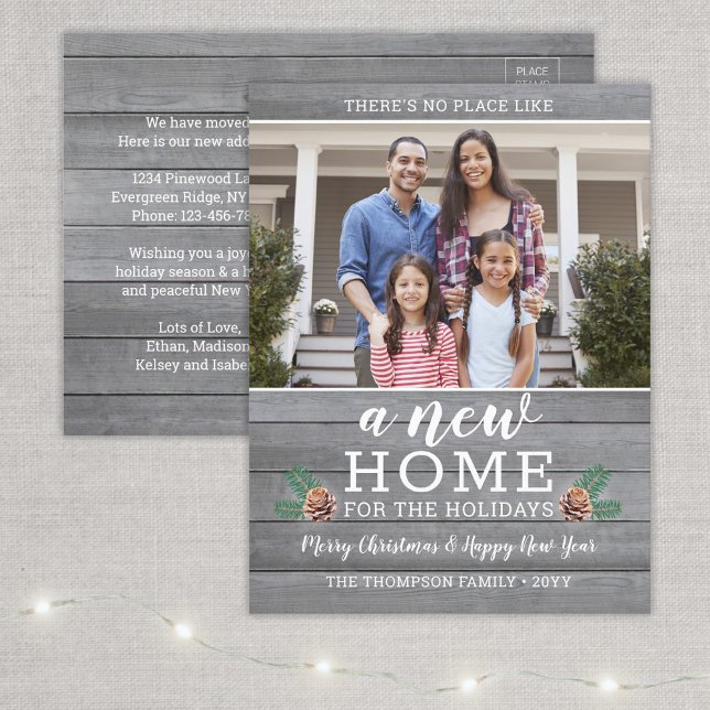 New Home Christmas Pinecones & Grey Wood 2 Photo Holiday Postcard (Creator Uploaded)