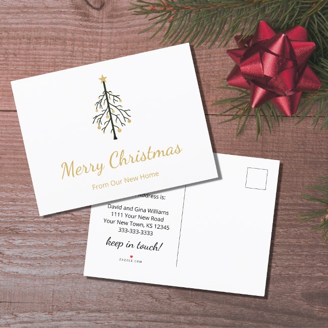 New Home Christmas Tree Gold Script Moving  Announcement Postcard (Creator Uploaded)