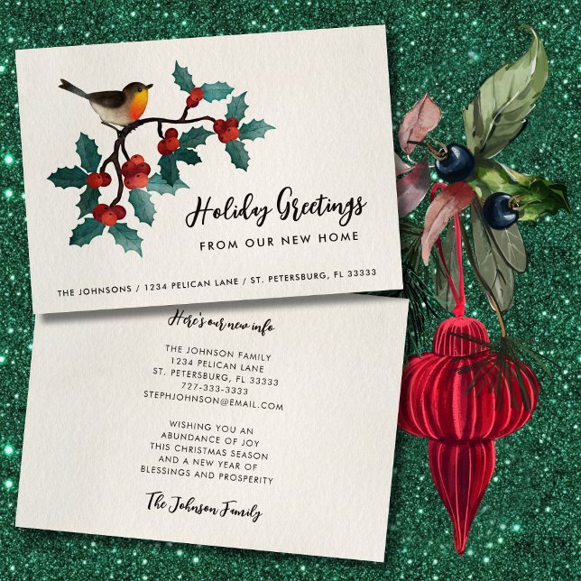New Home Cute Bird Holly Berries Christmas Moving Announcement (Cute Bird Holly Berries Holiday Moving Announcement Flat Card)
