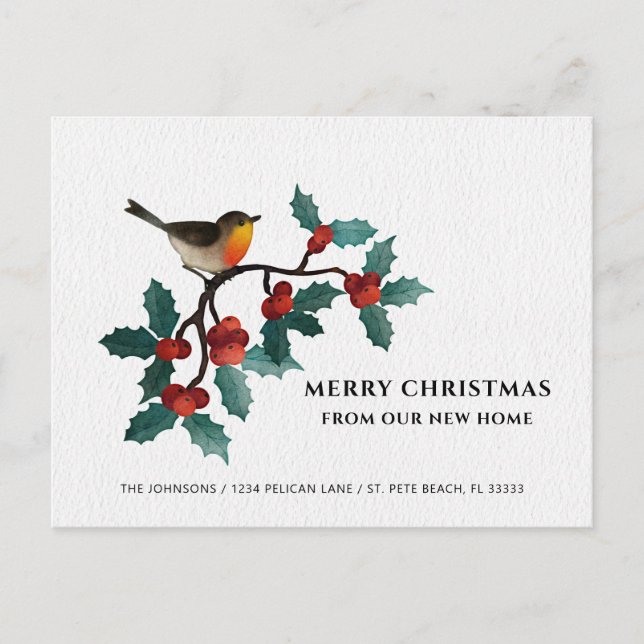New Home Cute Bird Holly Berries Christmas Moving Announcement Postcard (Front)