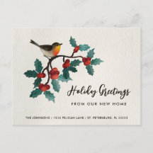 New Home Cute Bird Holly Berries Christmas Moving
