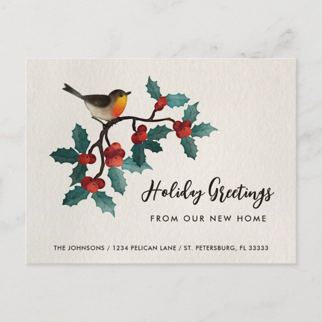 New Home Cute Bird Holly Berries Christmas Moving Announcement Postcard (Front)
