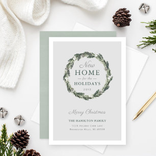 New Home Elegant Neutral Grey Green Wreath Holiday Card
