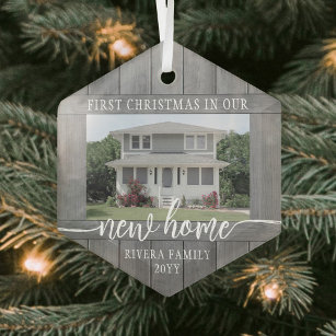 New Home First Christmas 1 Photo Faux Grey Wood Glass Tree Decoration