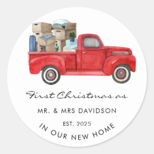 New Home First Christmas As Mr and Mrs Red Truck Classic Round Sticker