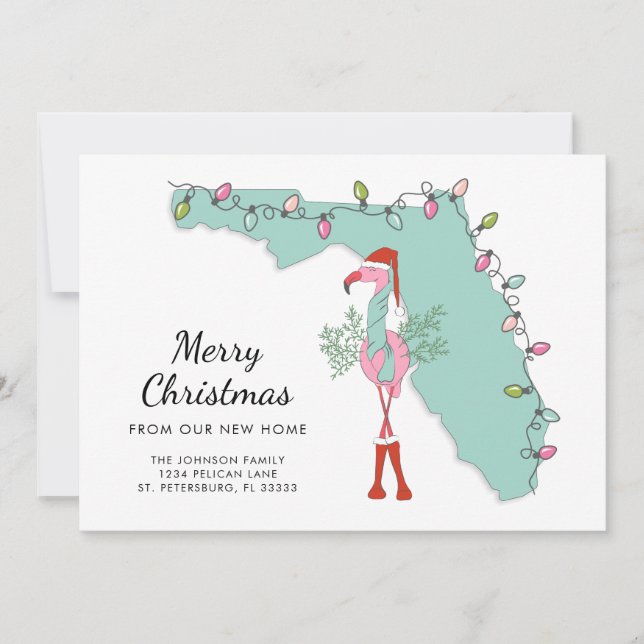 New Home Florida Map Christmas Flamingo Moving Announcement (Front)