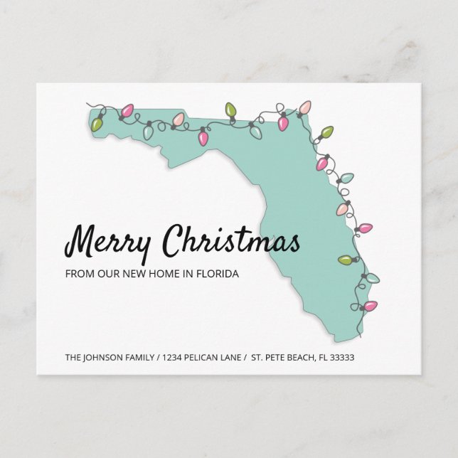 New Home Florida Map Christmas Lights Moving Announcement Postcard (Front)