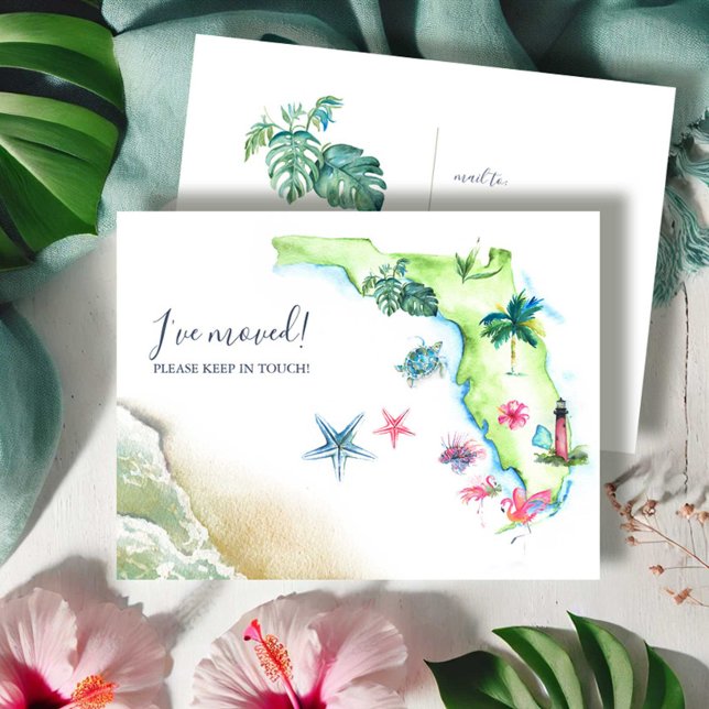 New Home Florida State Moving Announcement Postcard (Florida moving announcement postcards illustrated watercolor map art by Victoria Grigaliunas)