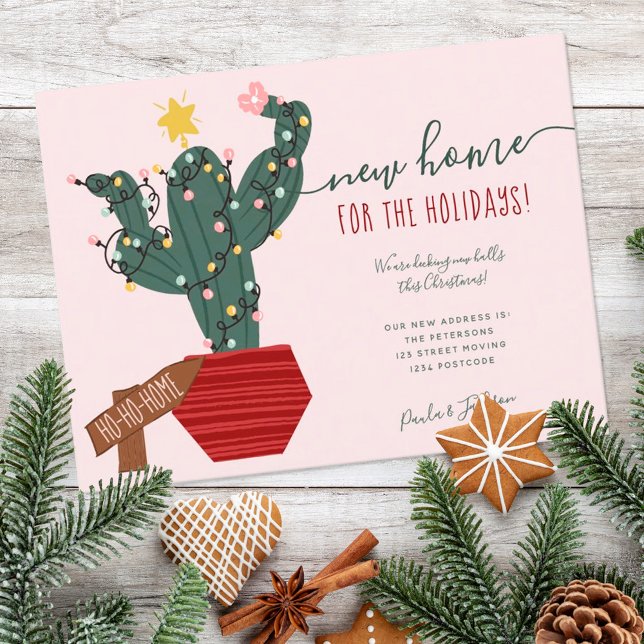 New home for Christmas fun cactus garlands stars Announcement Postcard (Creator Uploaded)