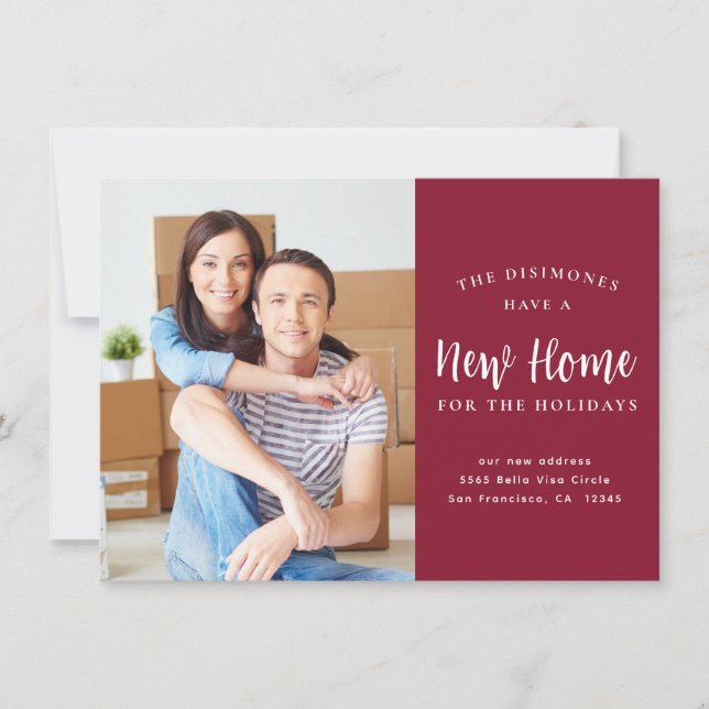 New Home For Holidays Photo Red Moving Announcement (Front)
