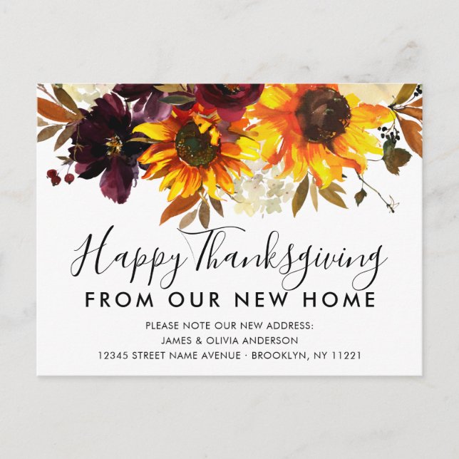 New Home for Thanksgiving Autumn Sunflower Moving Announcement Postcard (Front)