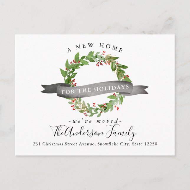 New Home For the Holidays Christmas Wreath Moving Announcement Postcard (Front)