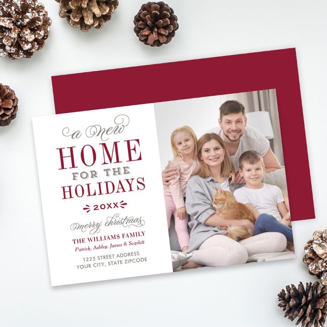 New Home for the Holidays Elegant Dark Red Photo Holiday Card (Creator Uploaded)