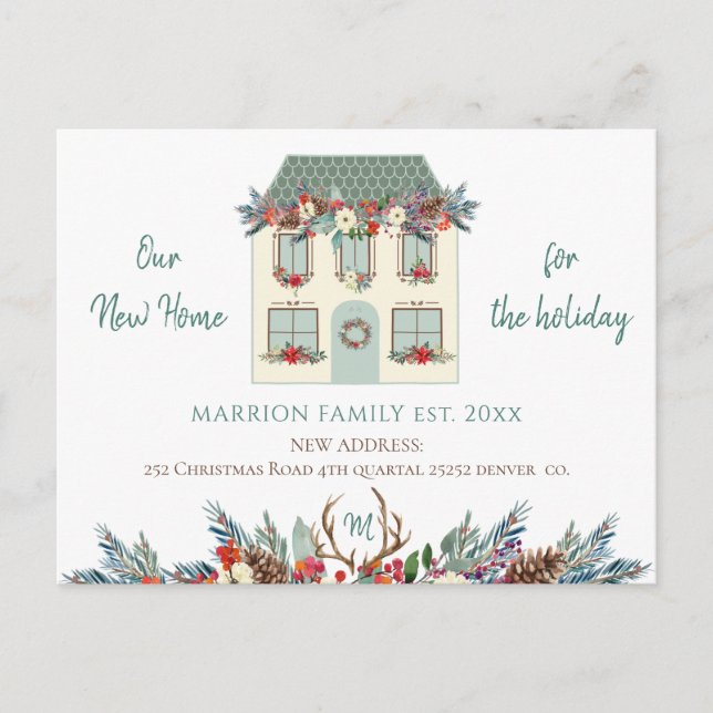 New home for the holidays green house red moving announcement postcard (Front)