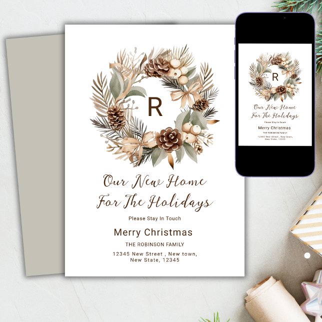  New Home For The Holidays Monogram Winter Wreath  Holiday Card (Creator Uploaded)