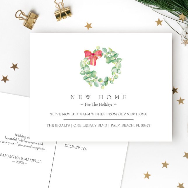 New Home For The Holidays Moving Announcement Postcard (Christmas card moving announcements unique holiday watercolor art by Victoria Grigaliunas)