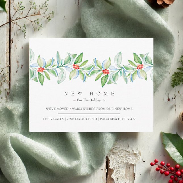 New Home For The Holidays Moving Announcement Postcard (New home Christmas postcards watercolor holiday botanical art by Victoria Grigaliunas VG Invites)
