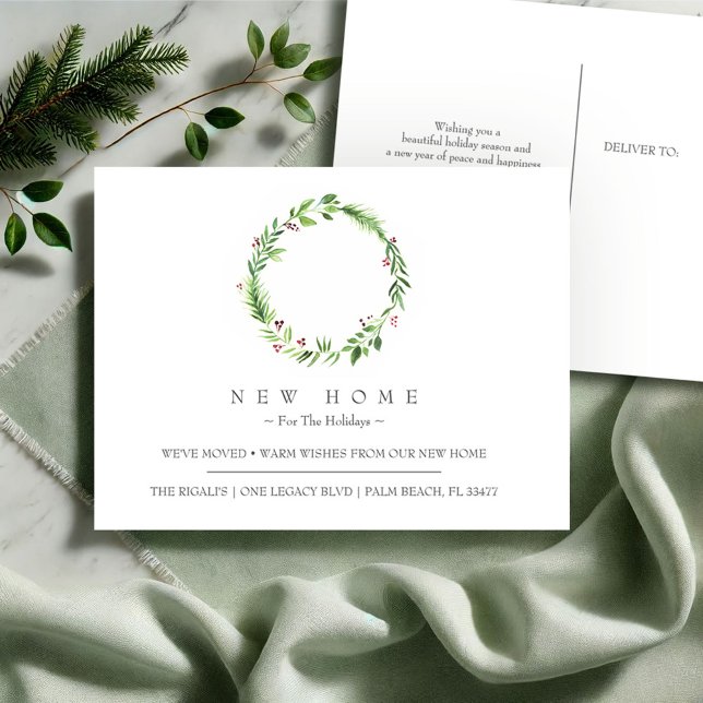 New Home For The Holidays Moving Announcement Postcard (New address Christmas moving announcement a minimalistic watercolor wreath Victoria Grigaliunas)