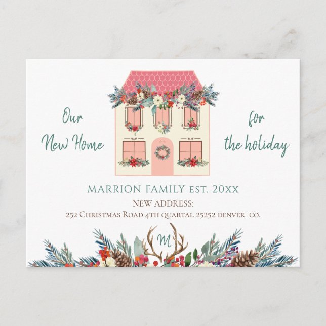 New home for the holidays pink house red moving announcement postcard (Front)