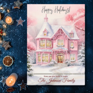 New Home for the Holidays Winter Scene Pink Holiday Card
