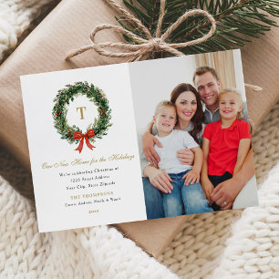 New Home for the Holidays Wreath Monogram Photo Holiday Card