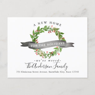 New Home For the Holidays Xmas Wreath Snow Moving Announcement Postcard