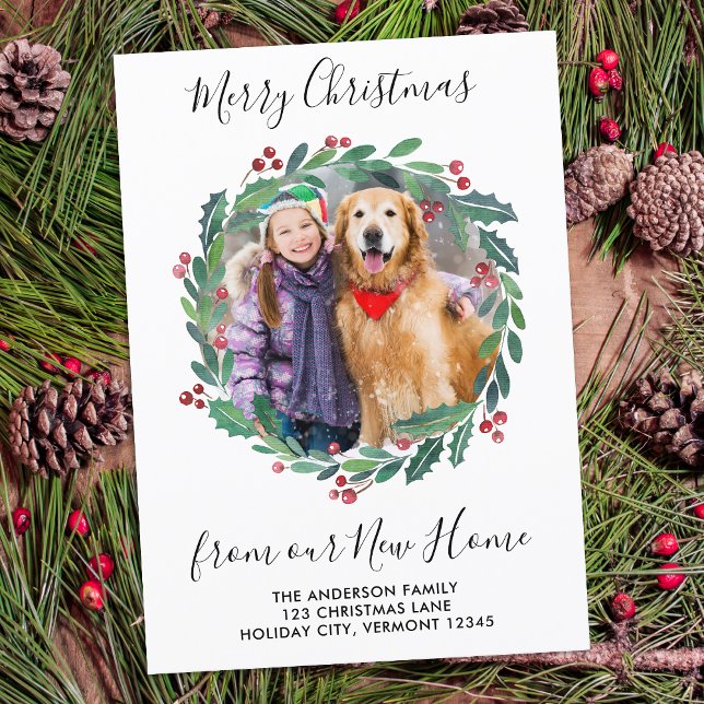 New Home Greenery Wreath Christmas Photo Moving Holiday Postcard (Creator Uploaded)