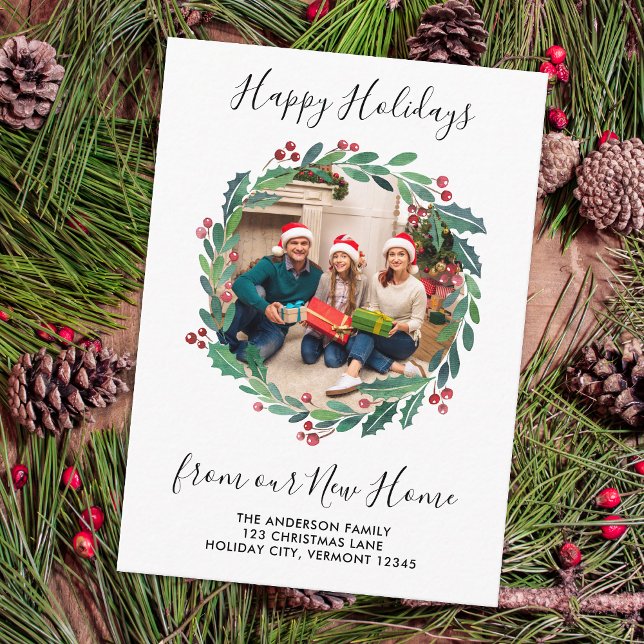 New Home Greenery Wreath Photo Holiday Moving Enclosure Card (Creator Uploaded)