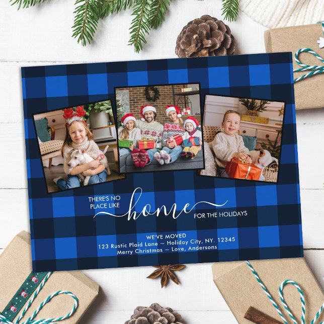 New Home Holiday 3 Photo Blue Plaid Moving Card    (Creator Uploaded)