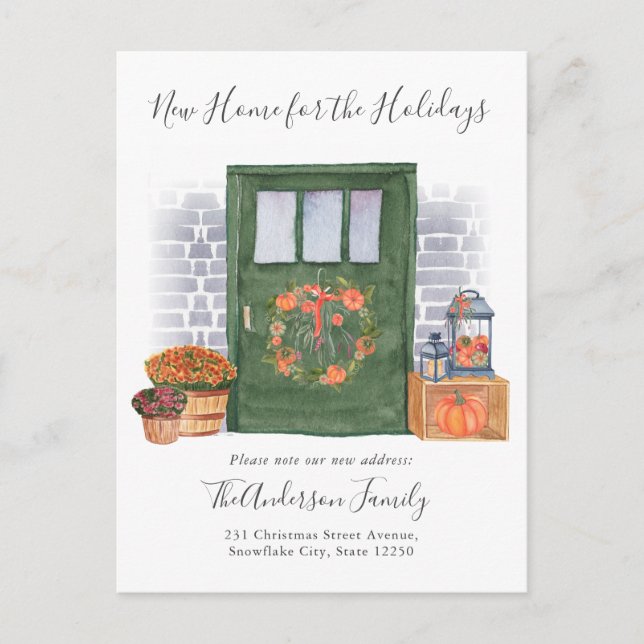 New Home Holiday Fall Door Pumpkin Holiday Moving Announcement Postcard (Front)