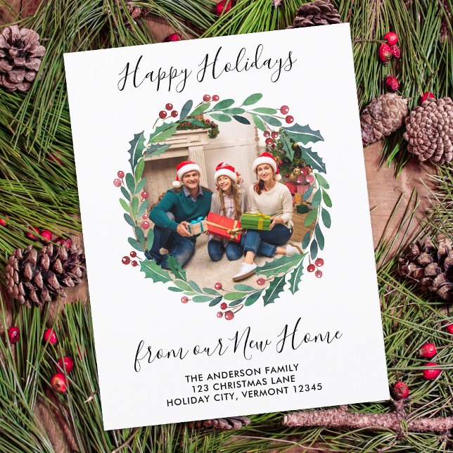 New Home Holidays Greenery Wreath Photo Moving Holiday Postcard (Creator Uploaded)