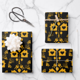 New Home Housewarming Yellow On Black Wrapping Paper Sheet