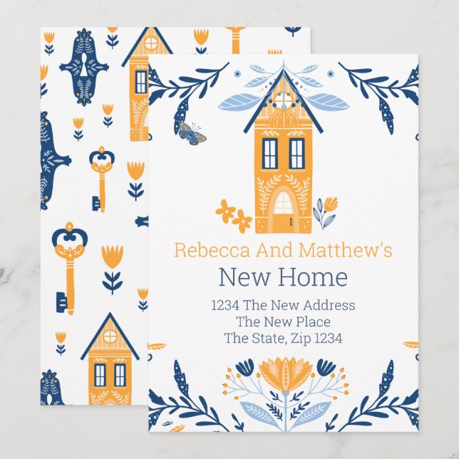 New Home Hygge Blue Yellow House and Flowers Invitation (Front/Back)