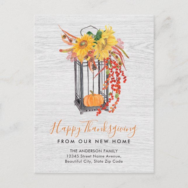 New Home Moved Thanksgiving Floral Pumpkin Moving Holiday Postcard (Front)