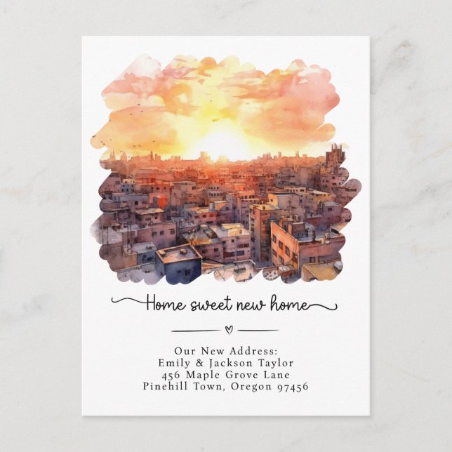 New Home - New Address Watercolor City Announcement Postcard (Front)