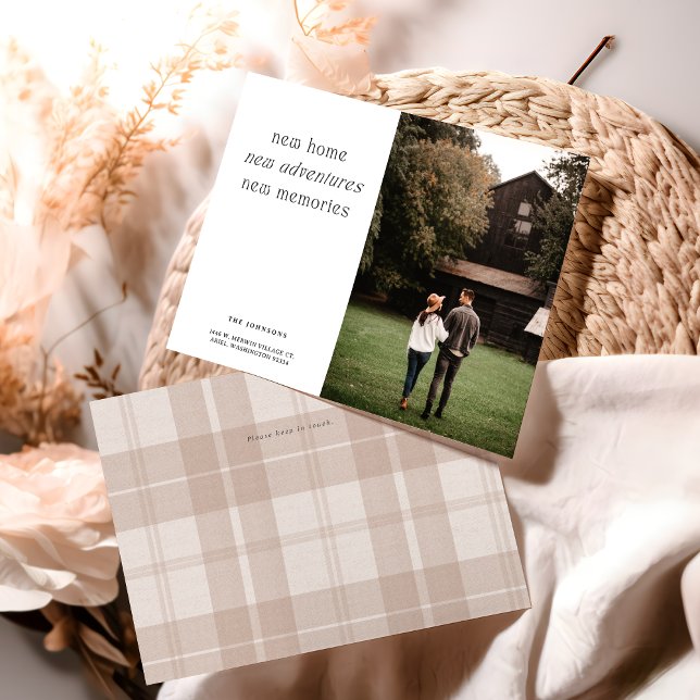 New Home Personalised Photo Moving  Announcement (New home photo announcement card displayed on table with beige accents)