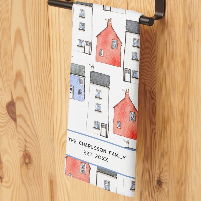 New Home Personalised Tea Towel (House watercolor art personalized family kitchen towel)