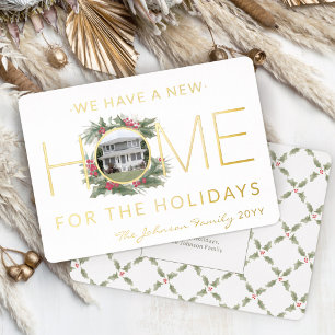 New Home Photo Christmas Wreath Change of Address Foil Holiday Card