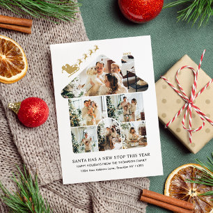 New Home Photo Collage Gold Santa Sleigh Moving Holiday Card