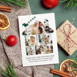 New Home Photo Collage Green Santa Sleigh Moving Holiday Card