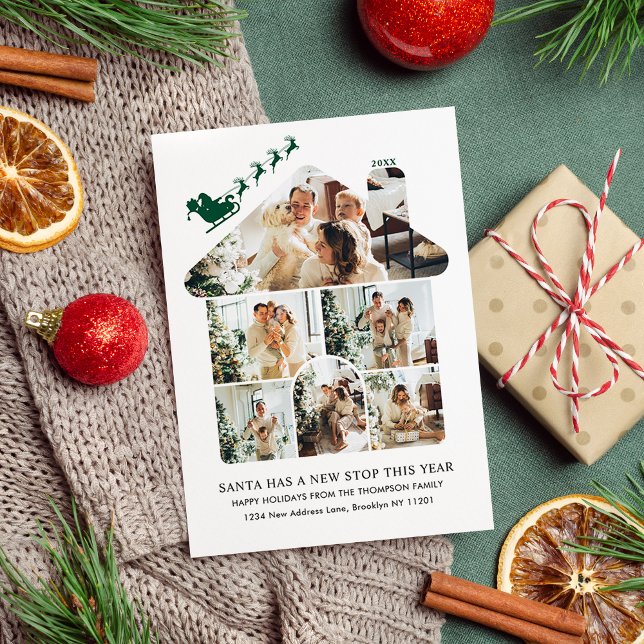 New Home Photo Collage Green Santa Sleigh Moving Holiday Card (Creator Uploaded)