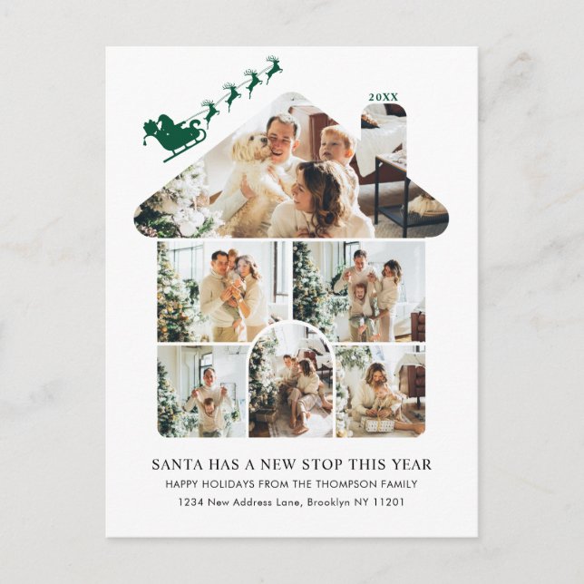 New Home Photo Collage Green Santa Sleigh Moving Holiday Postcard (Front)