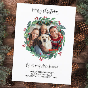 New Home Photo Greenery Wreath Christmas Moving Holiday Postcard