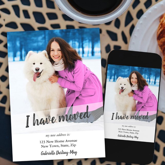 New Home Photo I Have Moved Brush Script Overlay Announcement (new address photo moving announcement card available printed or as printable digital download)