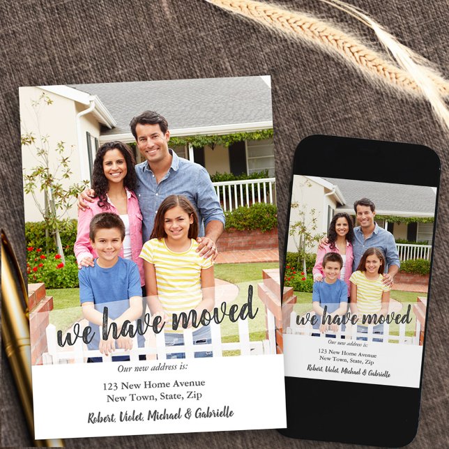 New Home Photo We Have Moved Brush Script Overlay Announcement (New Address moving announcement card with vertical photo)