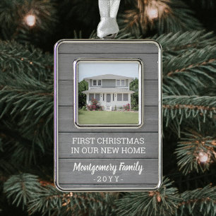 New Home Picture Housewarming Faux Grey Wood First Silver Plated Framed Ornament
