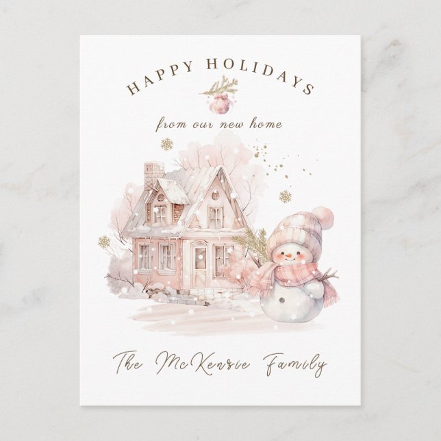 New Home Pink Snowman Christmas Holiday Card (Front)