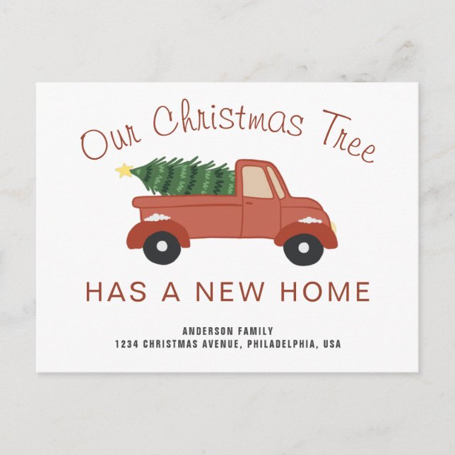 New Home Red Truck Christmas Tree Holiday Moving Announcement Postcard (Front)