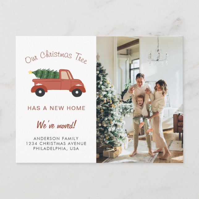 New Home Red Truck Christmas Tree Photo Moving Announcement Postcard (Front)